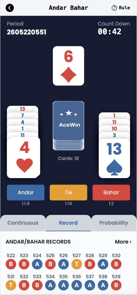Andar Bahar game screen with hole card 6 of diamonds, Andar pile showing recent cards (4 of hearts on top), Bahar pile (13 of spades on top), countdown timer and Andar/Tie/Bahar bet buttons
