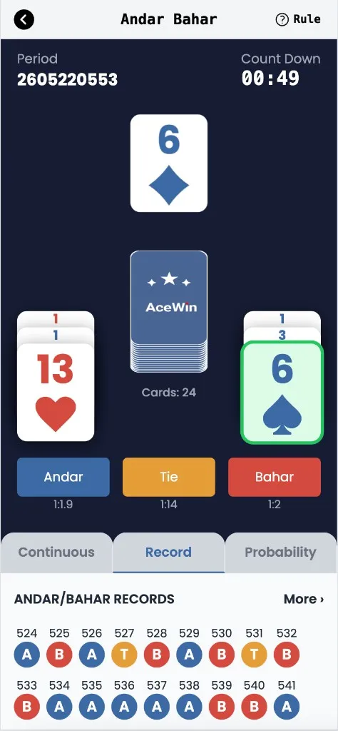 Andar Bahar round result with hole card 6 of diamonds and Bahar's 6 of spades highlighted in green as the winning matching card