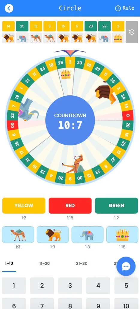 Circle game screen with the spinning wheel, countdown timer, color bets, animal symbols and number tabs
