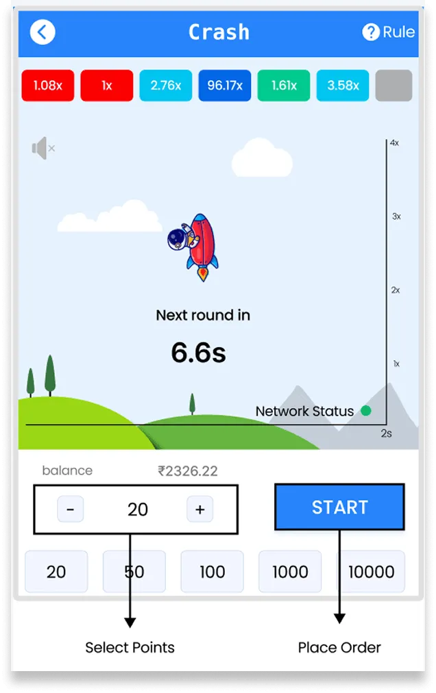 Crash game screen showing the bet input, quick amount buttons, and the START button to place an order
