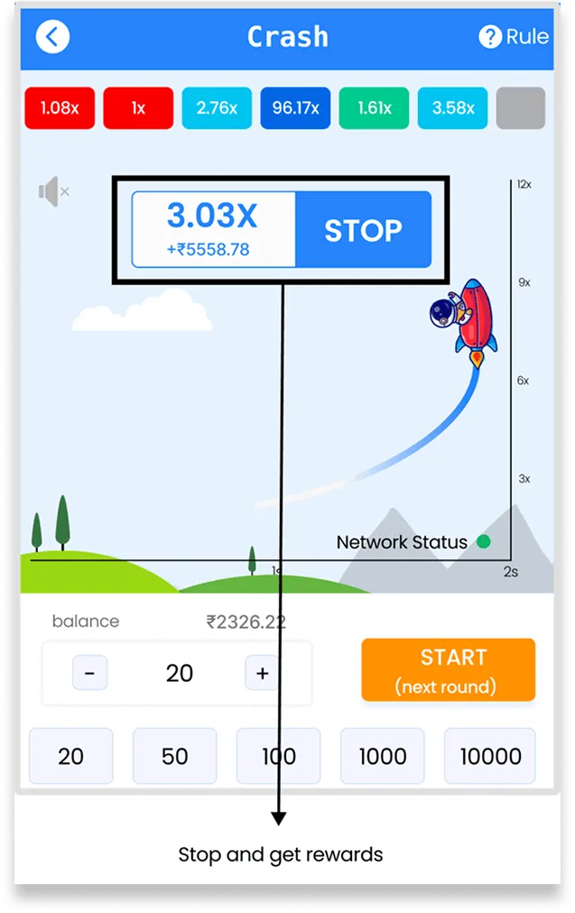 Crash game in progress with the rocket climbing and a STOP button showing a 3.03x multiplier and a potential payout