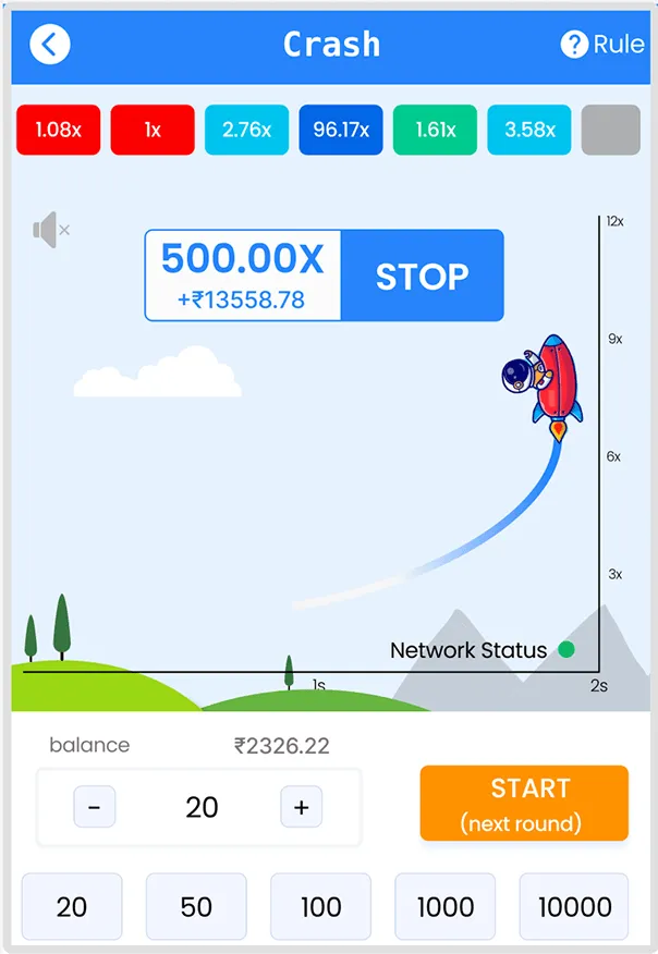 Crash game showing a rare 500.00x multiplier with a large potential payout on the screen