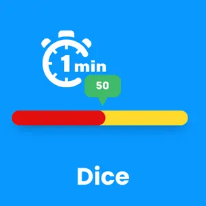 Dice game logo featuring a 1-minute round badge with a 50 slider on a blue background