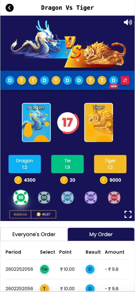 Dragon vs Tiger game screen with face-down Dragon and Tiger cards, countdown timer, payout odds (Dragon 1:2, Tie 1:9, Tiger 1:2), pool amounts and chip selector