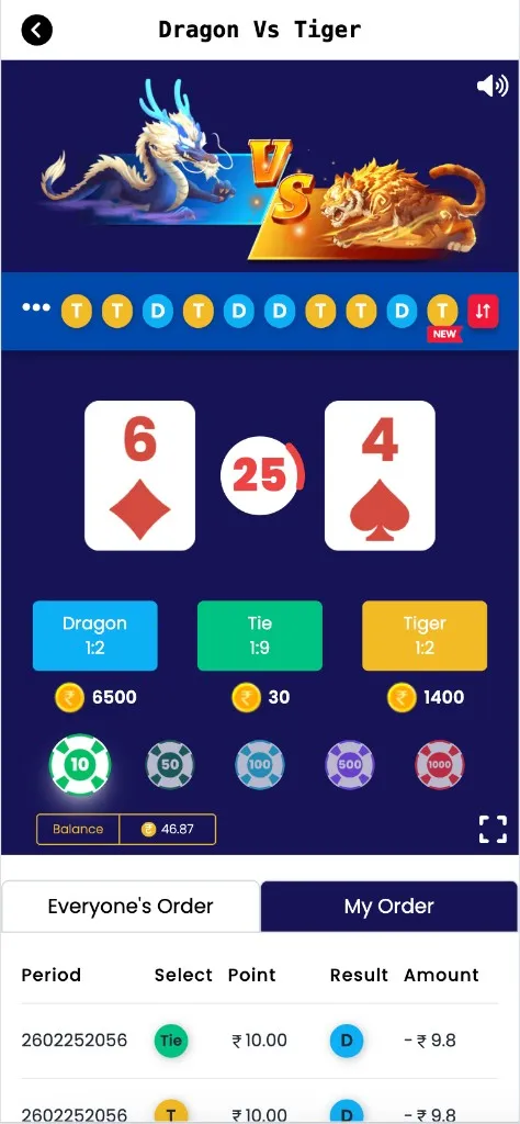 Dragon vs Tiger result with Dragon's 6 of diamonds vs Tiger's 4 of spades — Dragon wins the round