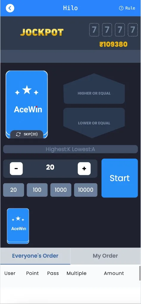 HiLo start screen with a face-down AceWin hole card, the JOCKPOT 7-7-7-7 ₹109,380 banner, bet amount controls and a Start button