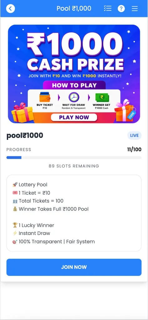 Treasure Hunt pool detail page for the ₹1000 cash prize pool — How to Play steps, live progress bar at 11/100, ticket rules, and a JOIN NOW button