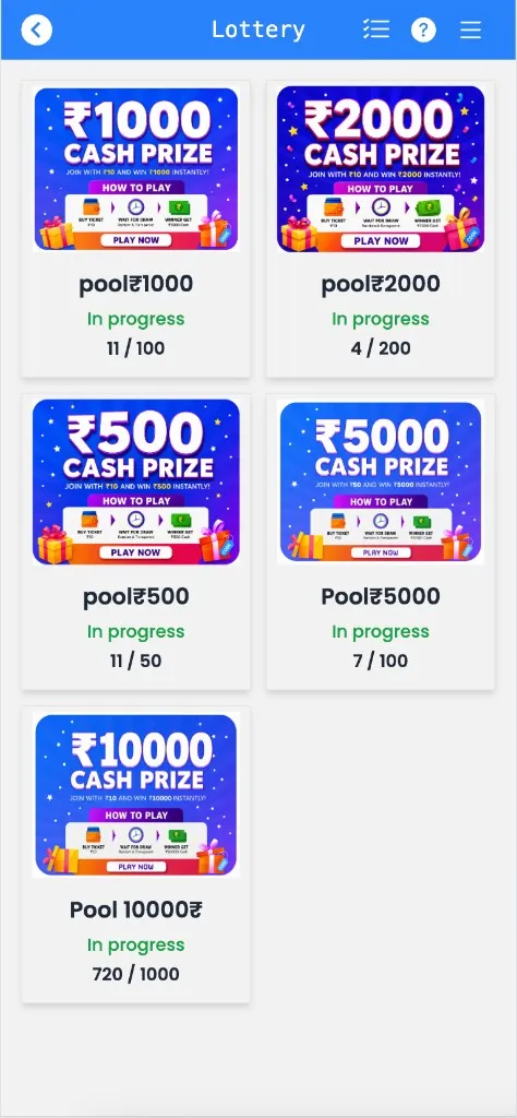 Treasure Hunt lottery lobby showing multiple prize pools — pool₹1000, pool₹2000, pool₹500, pool₹5000 and pool₹10000 — each with live progress bars