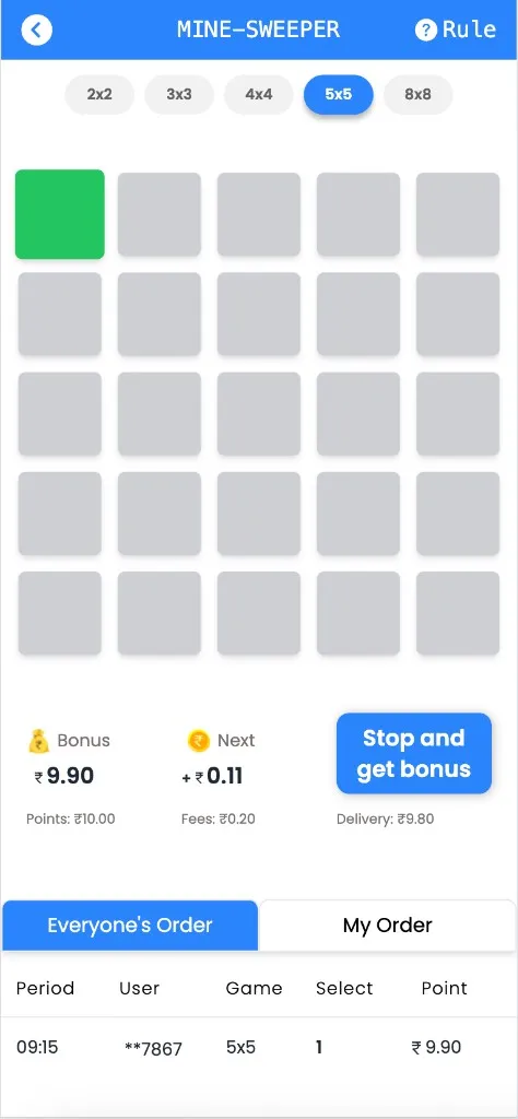 Mine-Sweeper round in progress with one green safe box revealed, current Bonus ₹9.90, Next +₹0.11, and a Stop and get bonus button