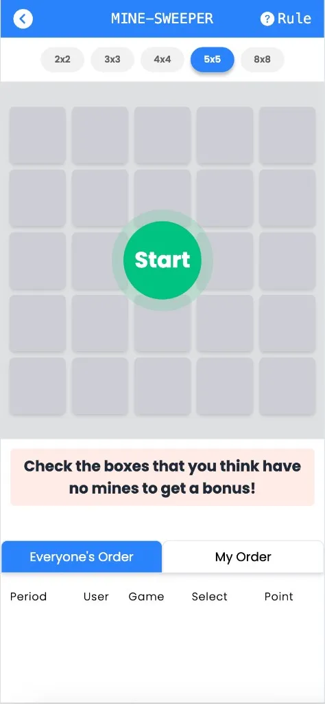 Mine-Sweeper start screen showing grid size options (2x2, 3x3, 4x4, 5x5, 8x8), an empty 5x5 board with a green Start button, and the rule "Check the boxes that you think have no mines to get a bonus!"