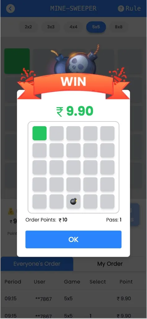 Mine-Sweeper WIN popup showing a ₹9.90 prize, the safe green box and the position of the bomb that was avoided, with order points and pass count