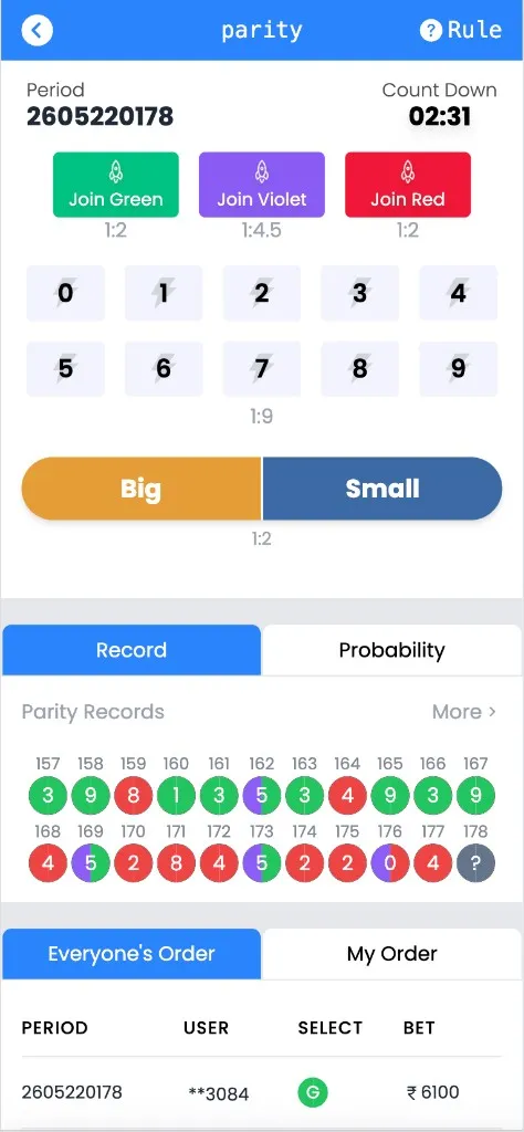 Parity game screen with the 3-minute countdown timer, color buttons (Join Green, Join Violet, Join Red), number grid 0–9, and Big/Small bets
