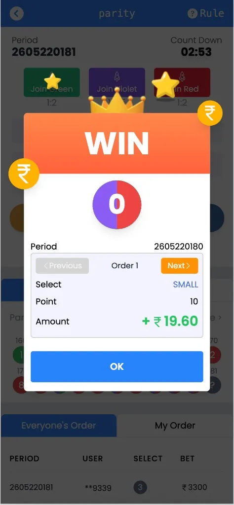 Parity WIN popup showing the winning number 0 with a violet/red split, the player's SMALL prediction, point value, and a positive payout of ₹19.60