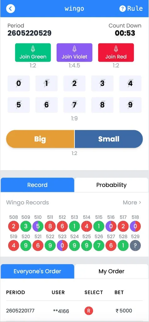 Wingo game screen with the 60-second countdown, color buttons (Join Green, Join Violet, Join Red), number grid 0–9, and Big/Small bets